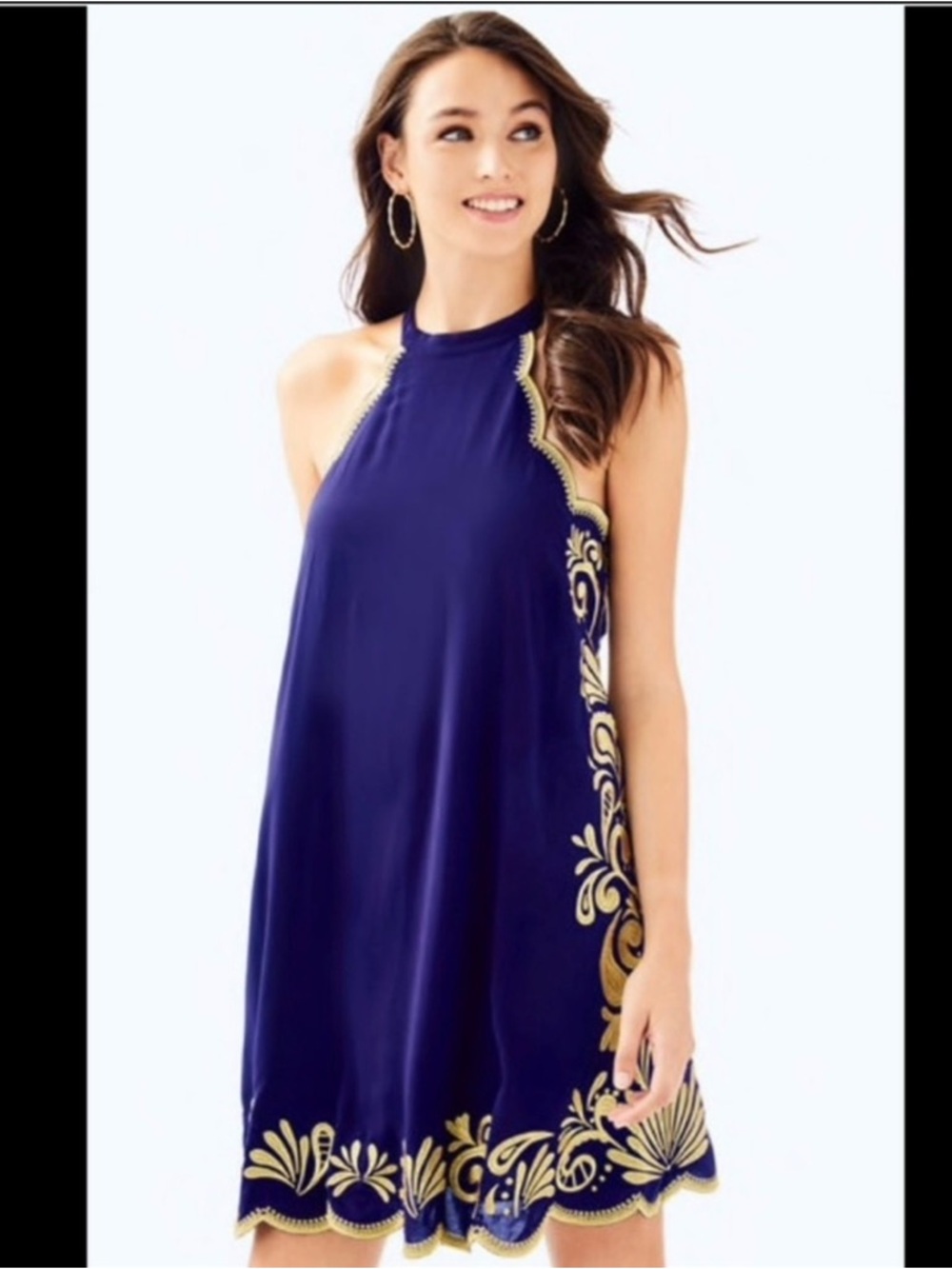 Navy Blue Halter Shift Dress with Gold Embroidery